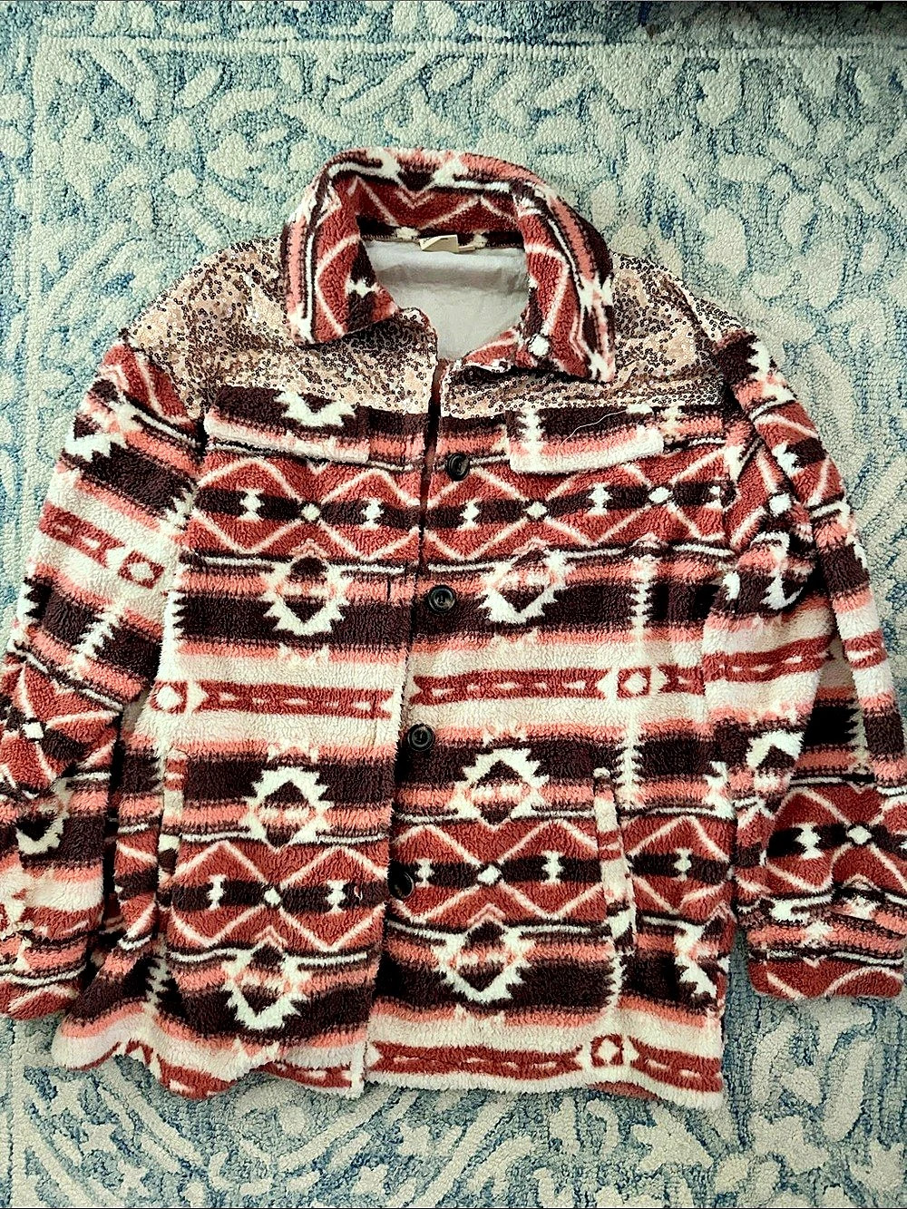 GE Emma Geometric Fleece Jacket in brown, white, rose pink Size Small